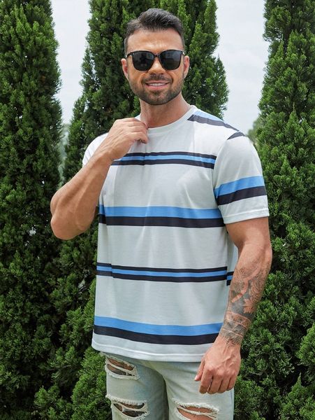 

extended sizes men striped print tee 14fl#, White;black