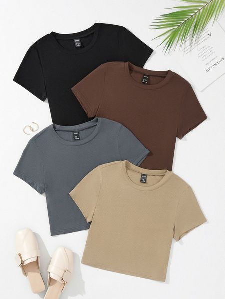 

4pcs ribbed knit tee v60j#, White