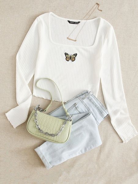 

lettuce edge butterfly embroidered rib-knit tee 738q#, White