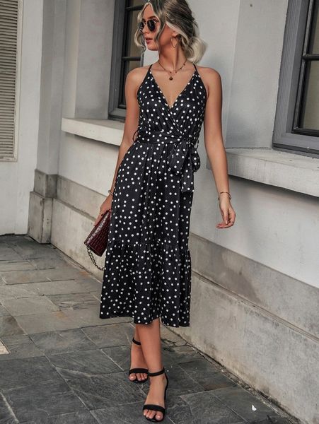 

polka dot overlap collar crisscross back ruffle hem belted dress g4ml#, Black;gray