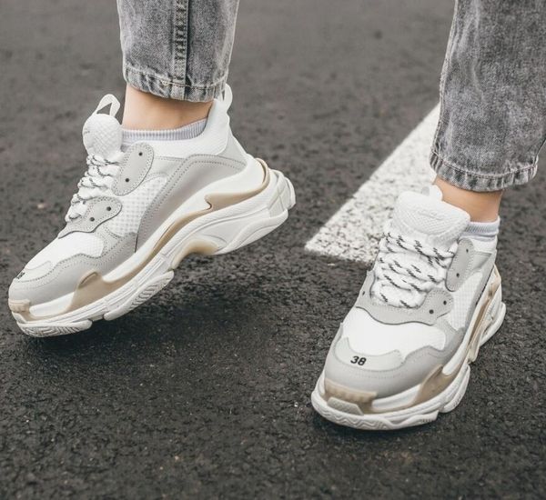 

women casual shoes platform runner shoes lace up sneaker white mesh calf leathers triple woman man pop trainers with box 35-45, Black