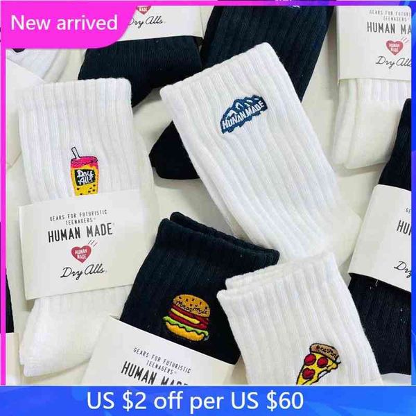 

human made cartoon panda burger embroidery long socks cotton men women towel bottom tube sports socks t220803, Black