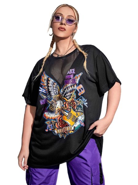 

plus animal & letter graphic contrast mesh tee k7lx#, Black