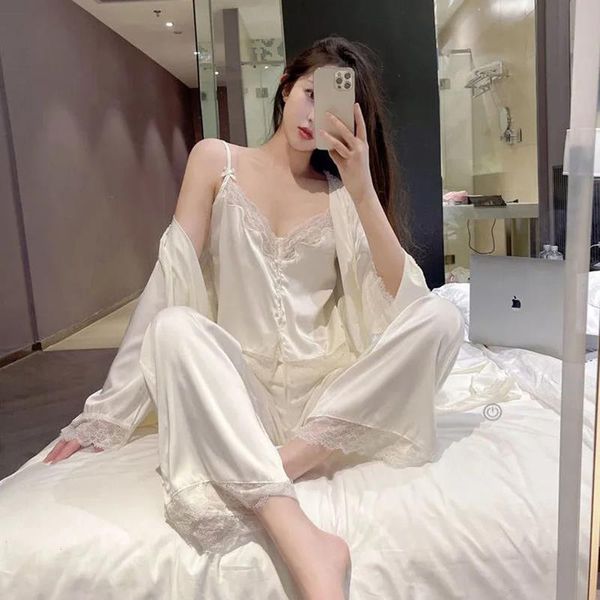 

summer clothes for womens 3 sleepwear piece set silk pajamas women lace suspenders plus size satin home dress, Black;red