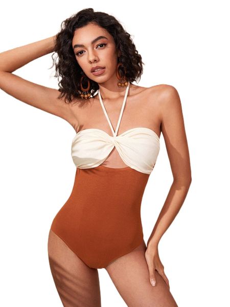 

two tone twist cut out tie back halter bodysuit q4de#, White