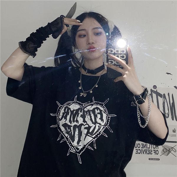 

y2k fashion goth vintage print tshirt women harajuku streetwear dark gothic emo alt short sleeve oneck loose black tee 220615, White