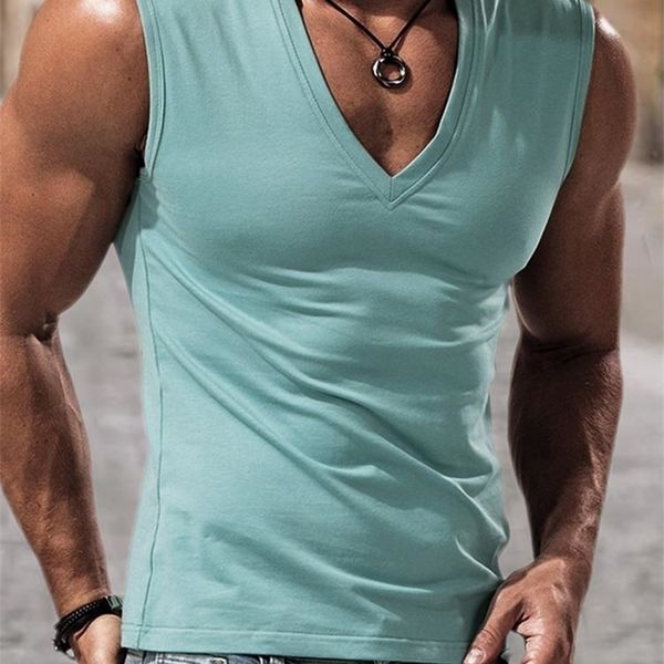 

fashion sleeveless tee summer men solid color casual tank clothes mens loose v neck vest pullovers male streetwear 220620, White;black