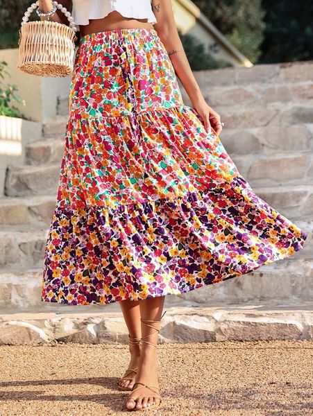 

allover floral print ruffle hem knot front skirt x5qj#, Black