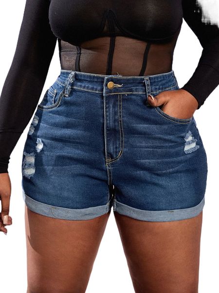 

plus high waist ripped roll up hem denim shorts 91xd#, White;black