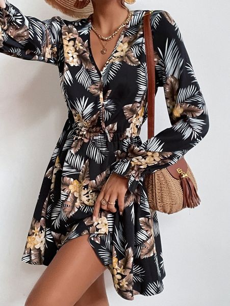 

tropical print flounce sleeve dress m9mh#, Black;gray