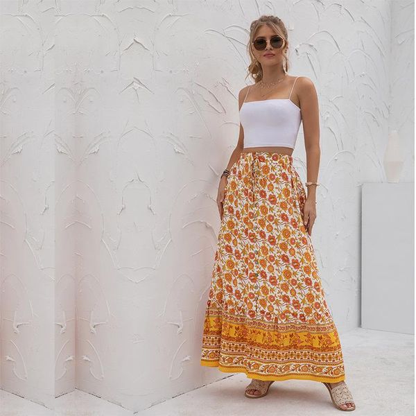 Saias de verão estampa floral de chiffon skirt 2022 mulheres feleira vintage cintura alta mulher férias boêmias longas mujerskirts