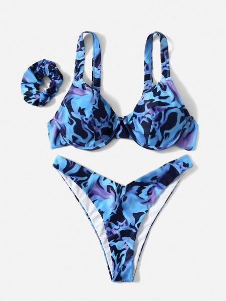 

3pack abstract pattern high cut bikini swimsuit & hair tie x64j#, White;black