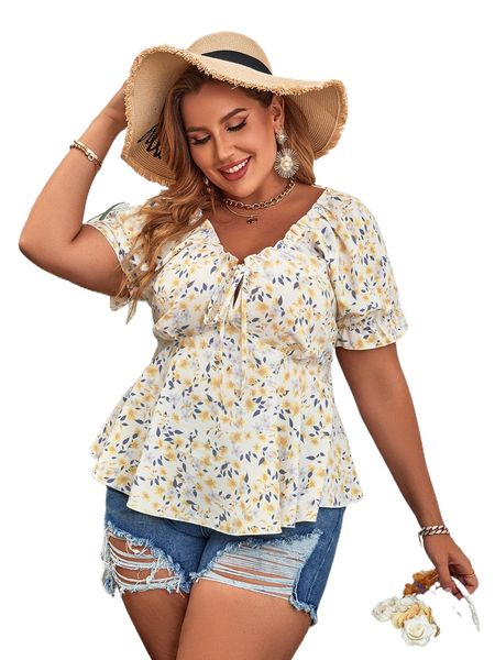 

plus allover floral print flounce sleeve peplum blouse y2va#, Black