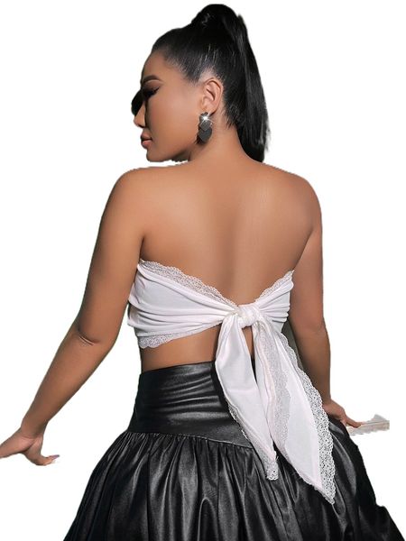 

lace trim backless knot bandana tube k4oa#, White