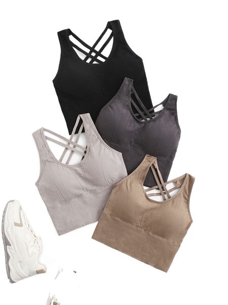 

4pcs medium support seamless crisscross backless sports bra z2ds#, Gray