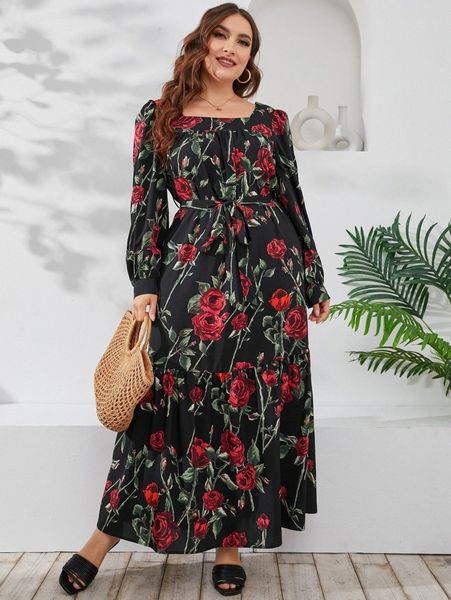

plus rose print bishop sleeve square neck ruffle hem belted dress y40t#, Black