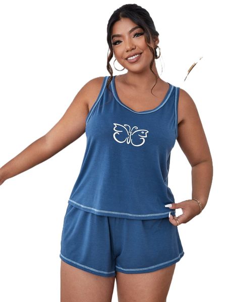 

plus butterfly print stitching pj set y5n4#, Black;white
