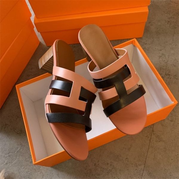 

30% off 2022 slippers sandals vallu new thick heel women wear summer temperament leather sandals and slippers outdoor leisure, Black