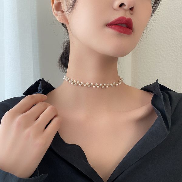 

korean style short pearl necklace chain choker wholesale fashion female alloy jewelry for gifts, Golden;silver