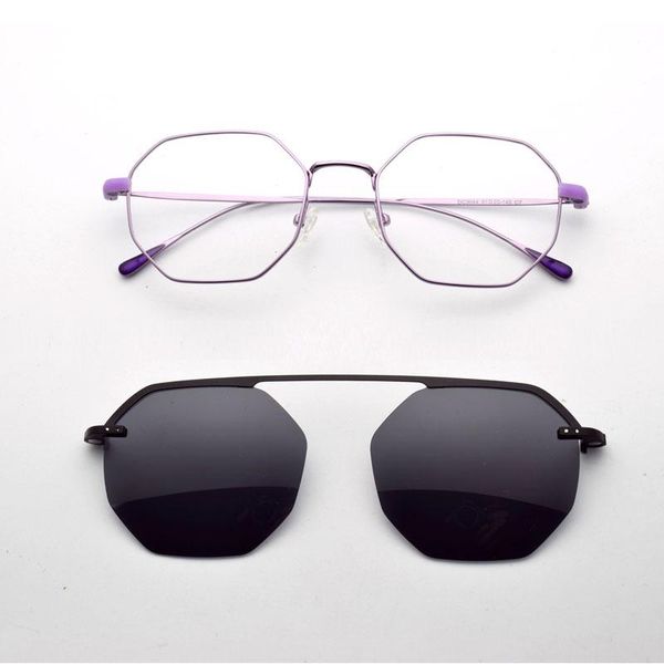 Moda de óculos de sol Frames de copos para mulheres Retro Polygon Ultra-Light lateral fino ímã de polarização roxa Glasse decorativo