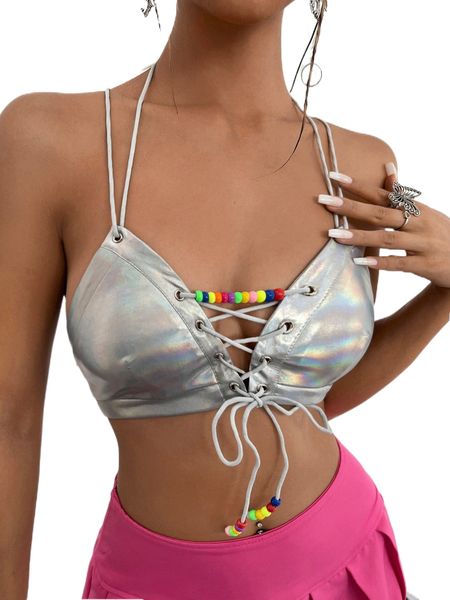 

beaded grommet lace up holographic crisscross tie backless crop cami d2kh#, White