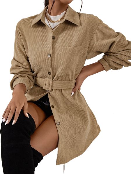 

drop shoulder pocket patched belted corduroy coat j9q7#, Black