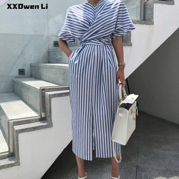 

summer cotton striped pocket split long dress for woman casual office lady dresses fashion womens clothing robe femme, Black;gray