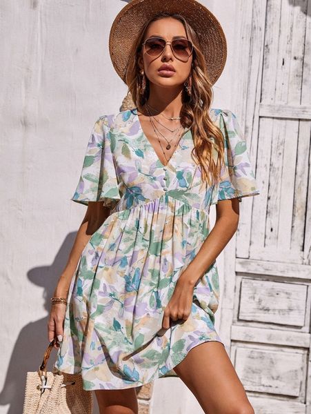 

abstract floral print butterfly sleeve dress v6pe#, Black;gray