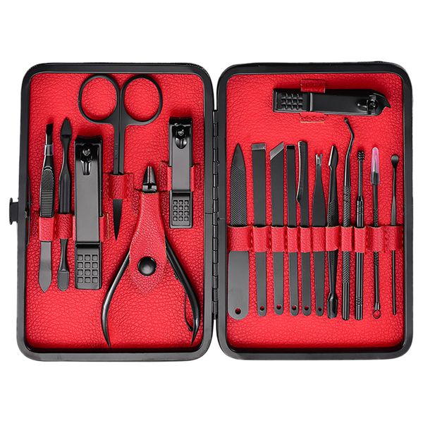 Dropshipping 18pcs Manicure Set Pedicure Tools Homany Preto Aço inoxidável aço colher unhas cortadoras de tesouras kit de tesoura