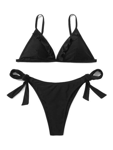 

plain frill trim triangle bikini swimsuit k3as#, White;black
