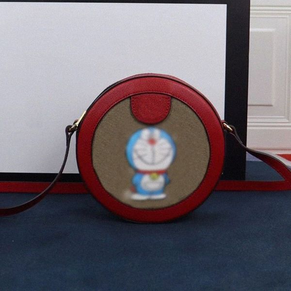 Ophidia Klasik Yuvarlak Omuz Çantası Kırmızı Deri Trim Tasarımcısı Lüks Doraemon Crossbody Zip Kapatma Cüzdan Tote Kese Kadınlar için Karikatür Baskı