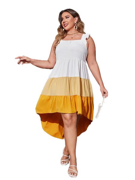 

plus colorblock ruffle trim high low hem dress 11td#, Black