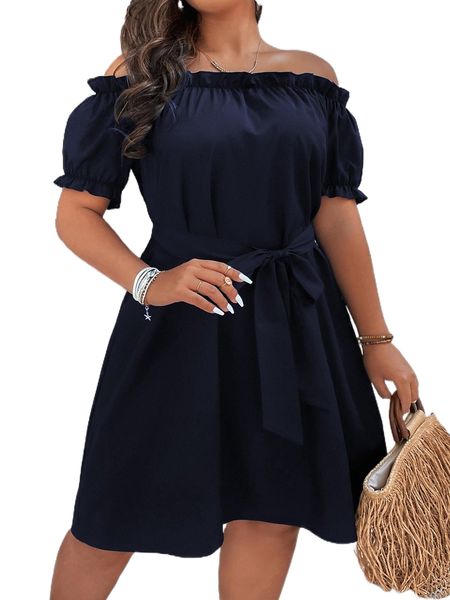 

plus off the shoulder puff sleeve belted dress u3kb#, Black