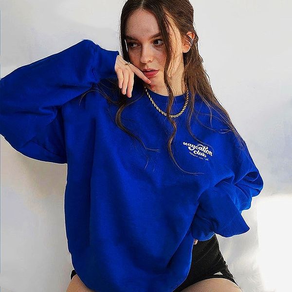 Staycation Club Taschenbuchstaben Stickerei Druck Vintage Blau Sweatshirts für Frauen Street Fashoin Dicker Fleece Pullover mit Rundhalsausschnitt 220815