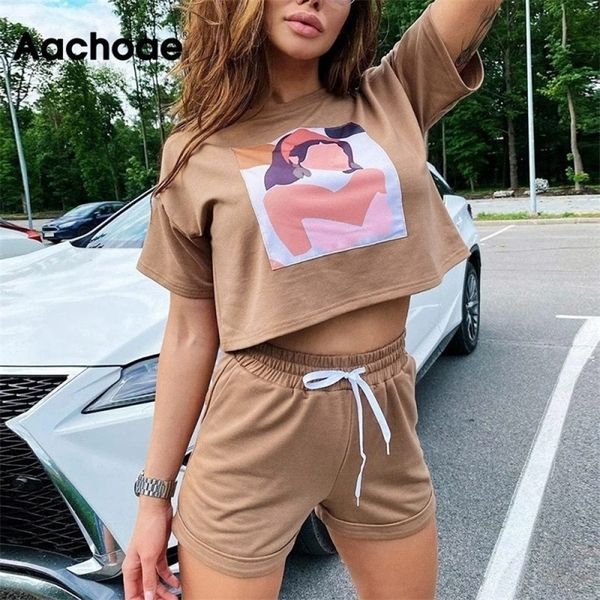 

aachoae summer casual printed tshirt suit women batwing short sleeve sports short solid shorts tracksuit set ensemble femme 210302, White