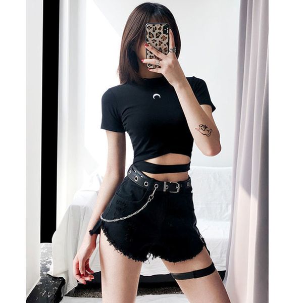 

punk denim shorts for women rivet ring band decoration casual summer jeans shorts girls black shorts y200822, White;black