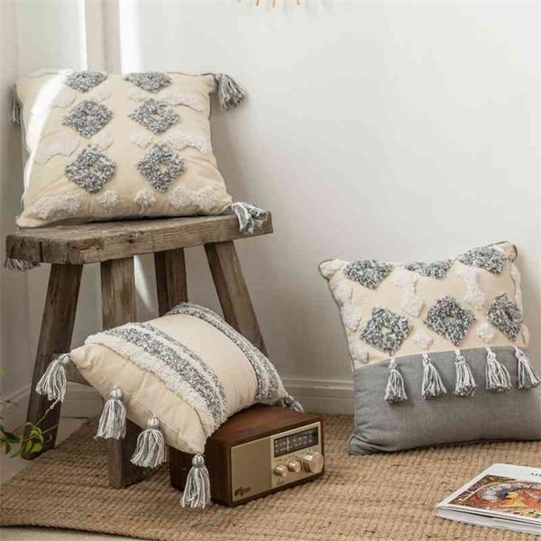 Fodera per cuscino in stile marocchino con nappe in ciuffo fatte a mano, decorazione neutra, fodera per cuscino 45x45 cm/30x50 cm per divano letto grigio avorio a strisce di diamanti 210401