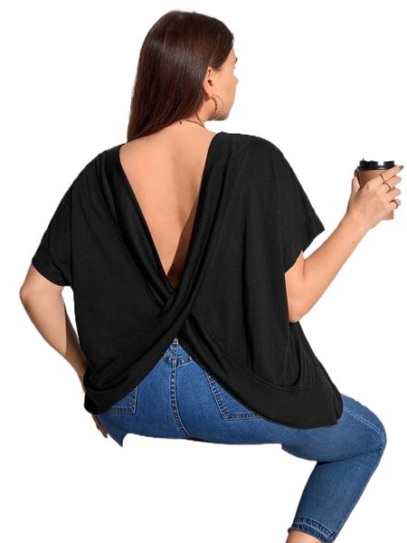 

plus v back batwing sleeve tee 26df#, Black