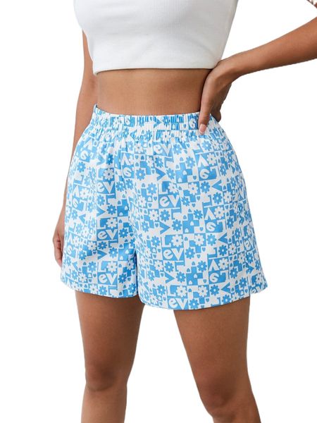

allover letter print elastic waist shorts 67z2#, White;black