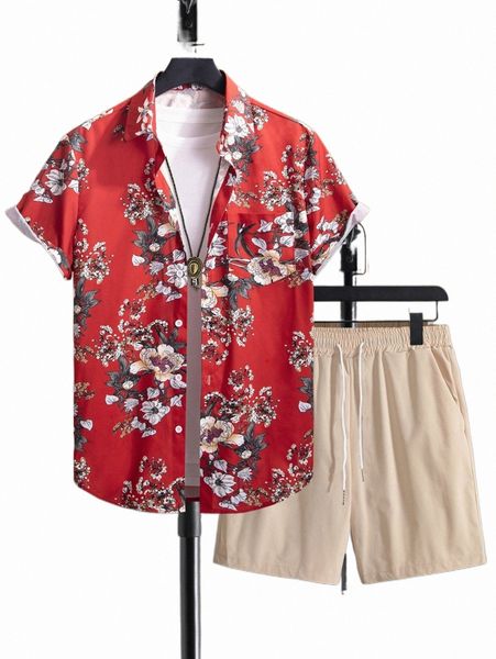

men floral print shirt & solid shorts without tee e8do#, Gray
