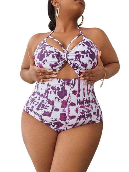 

plus allover print cut out halter one piece swimsuit n2rl#, White;black