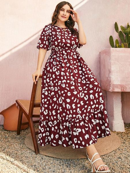 

plus leopard print ruffle hem dress m0tw#, Black