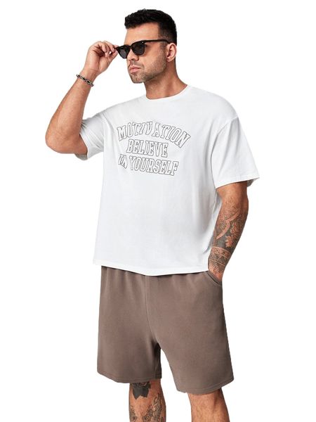 

extended sizes men slogan graphic drop shoulder tee & shorts 64uh#, Gray
