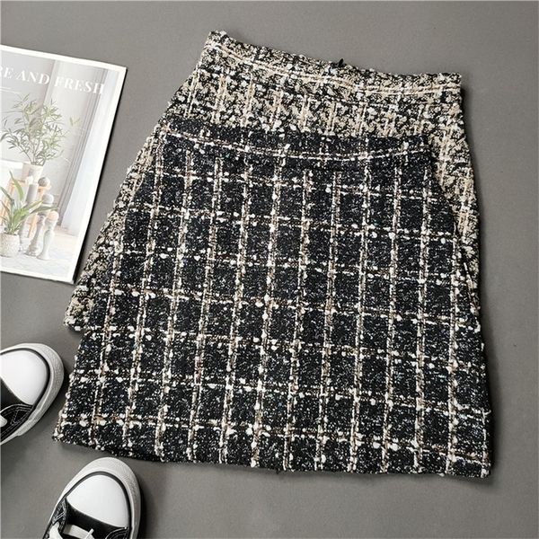 

korean plaid skirt women sequins slim short skirts women autumn high waist vintage aline woolen skirt female with shorts 210306, Black