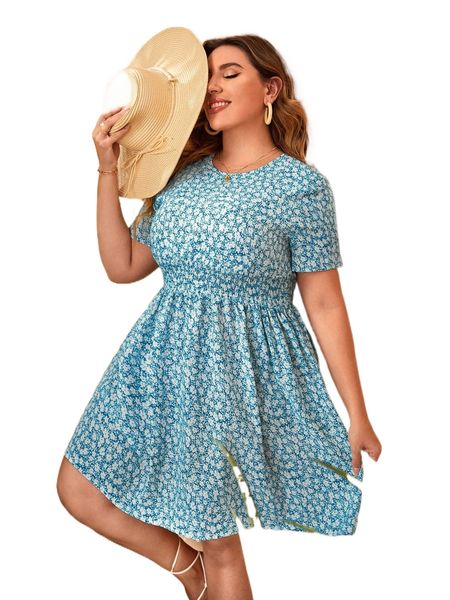 

plus ditsy floral keyhole back shirred waist dress b0fw#, Black