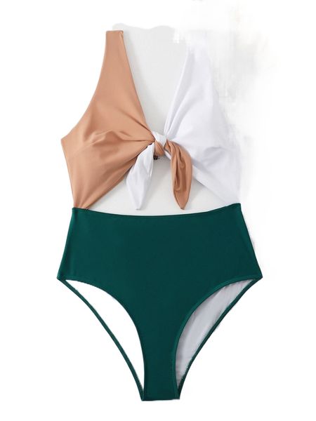 

plus color block knot front one piece swimsuit w2da#, White;black