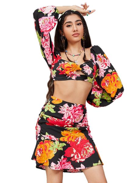 

floral print bow front cut out crop & ruffle hem skirt set q5vd#, White