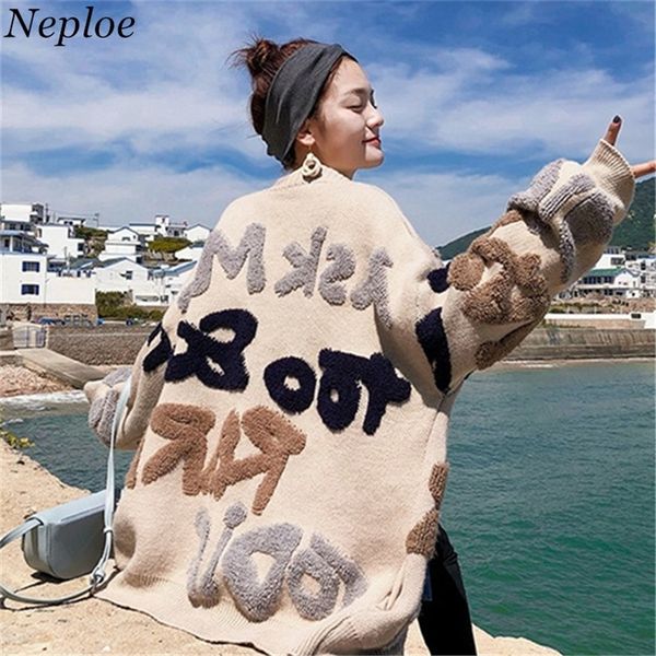 Neploe 3D lettere stampa cardigan delle donne di spessore caldo allentato casuale freddo ragazza aperta Stich 2020 autunno inverno nuovo maglione di moda T200116