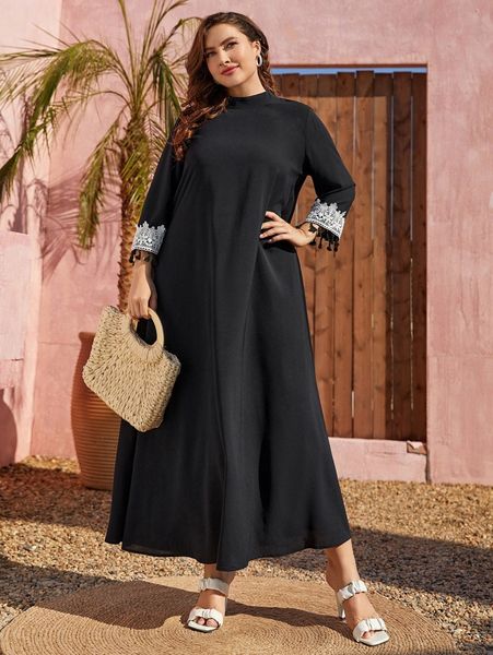 

plus guipure lace detail tassel trim mock neck tunic dress x4b8#, Black