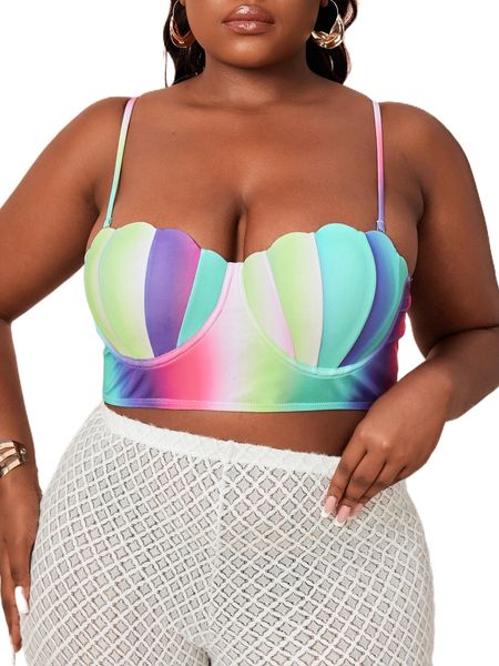 

plus ombre lace up back scallop trim push up bikini 98li#, Black